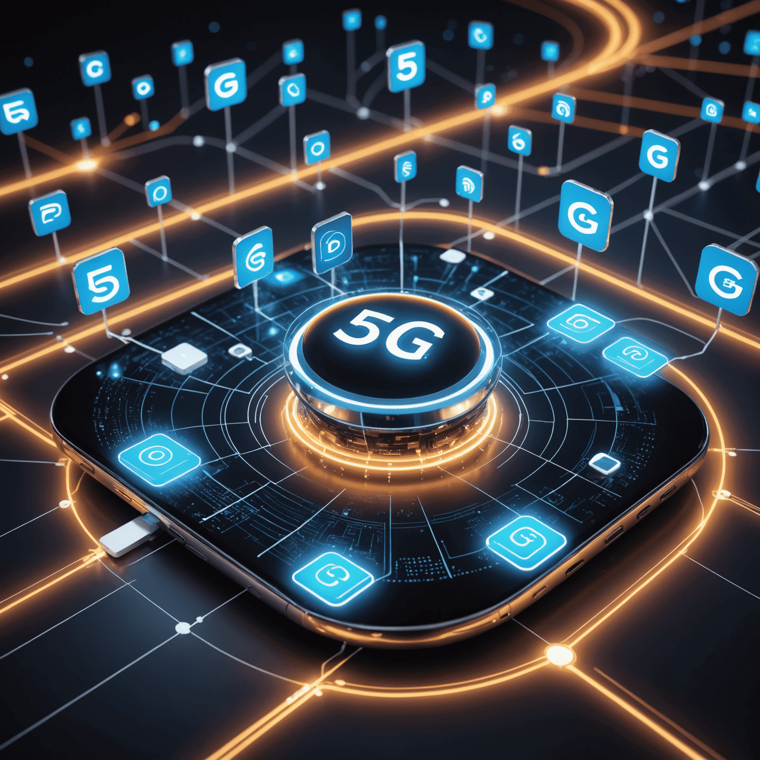 صورة توضيحية لشبكة 5G مع هواتف ذكية متصلة وسرعات عالية مرئية